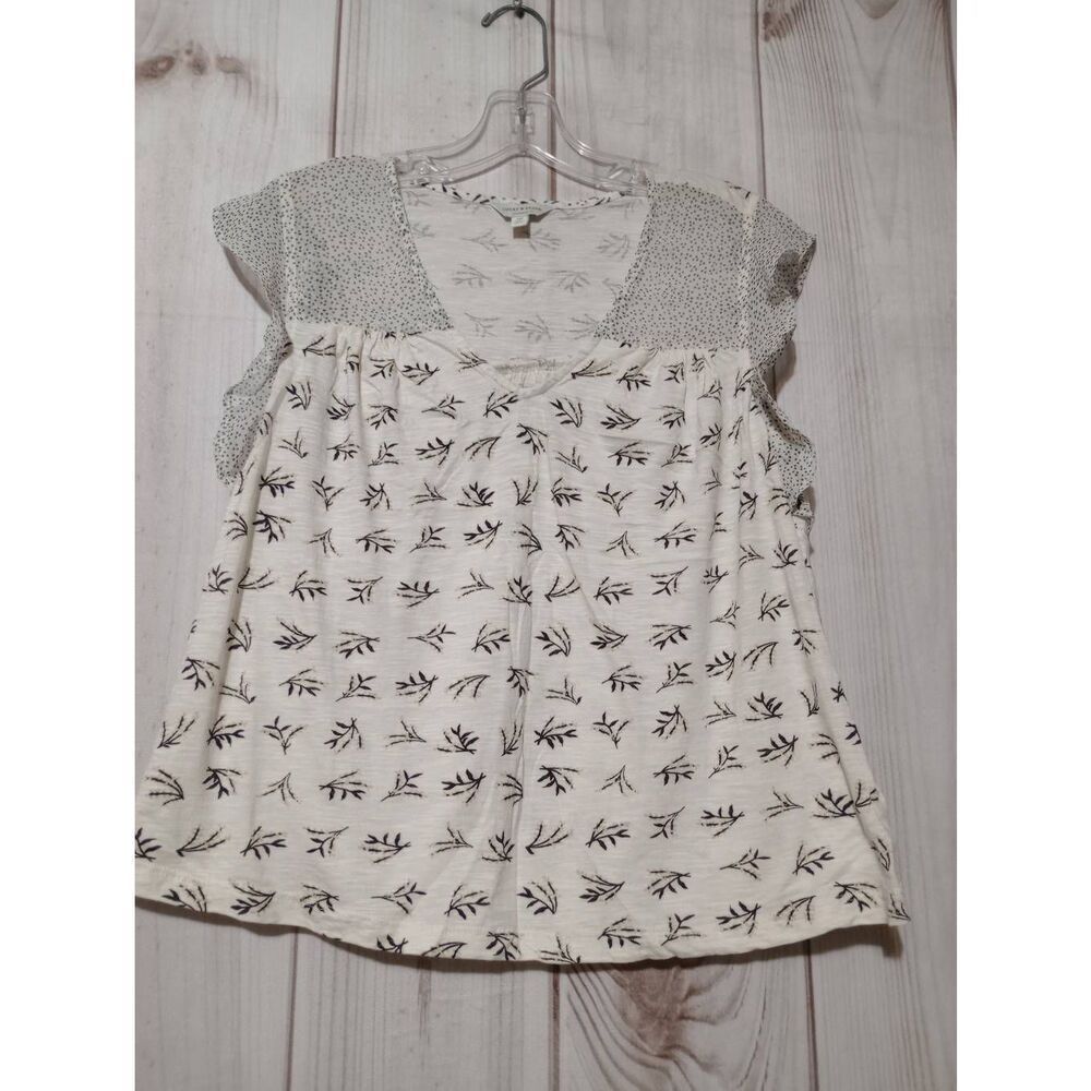 Lucky Brand‎ Womens Small White Botanical Print Flutter Sleeve V-Neck Top